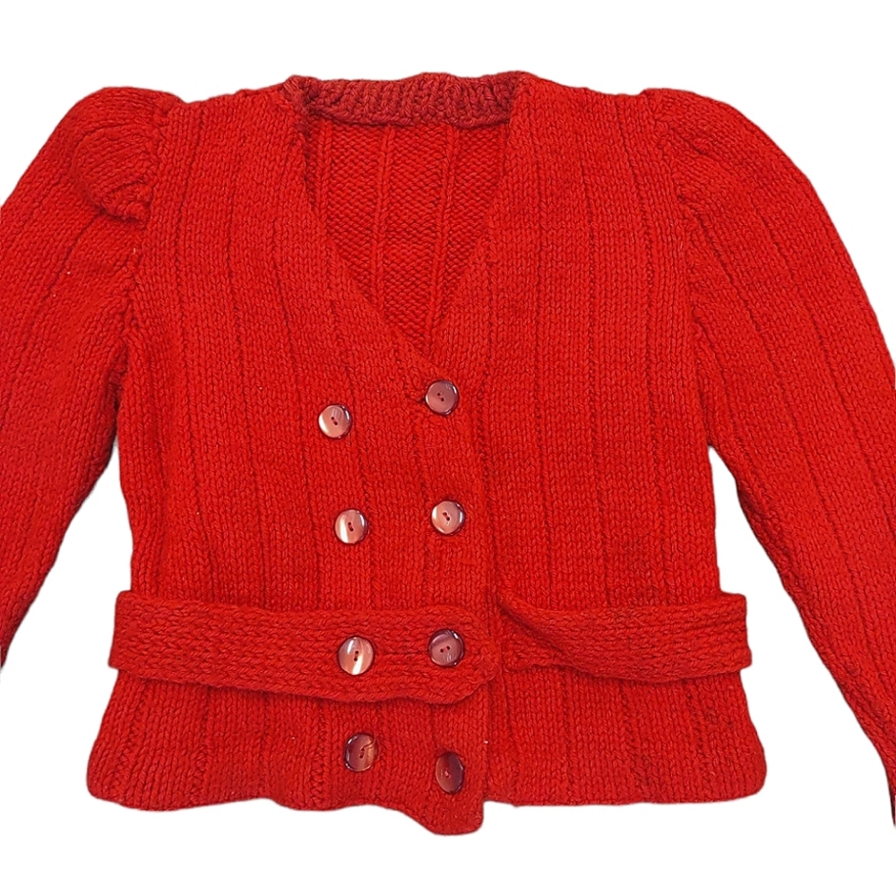 Vintage Handknit Handmade Red Cardigan Sweater Child Size Great Condition